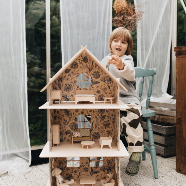 Holz Puppenhaus Vintage Flower mit Möbel-Set 10-teilig natur