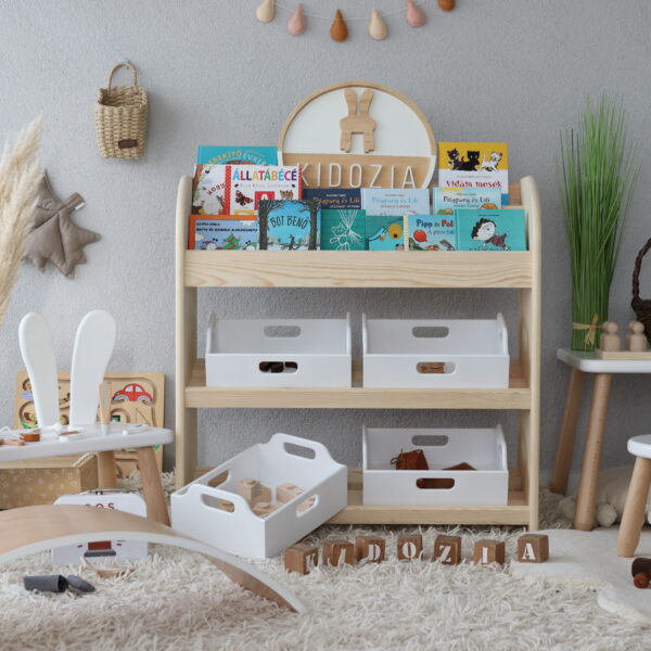 Kidozia PANDA Montessori Kinderregal für Spielzeuge mit 4 Truhen