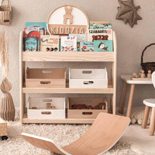 Kidozia PANDA Montessori Kinderregal für Spielzeuge mit 4 Truhen