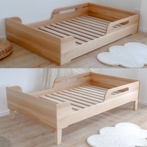 SAFE Kinderbett Bodenbett 120 x 200 cm aus Massivholz Buche natur mit 100 cm Barriere